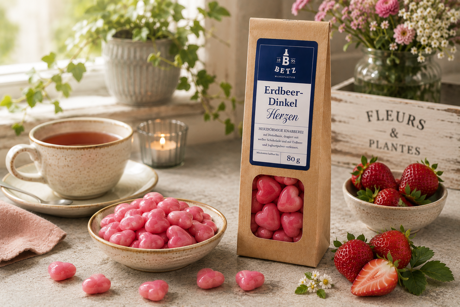 Erdbeer-Dinkel-Herzen 80 g in Papiertüte