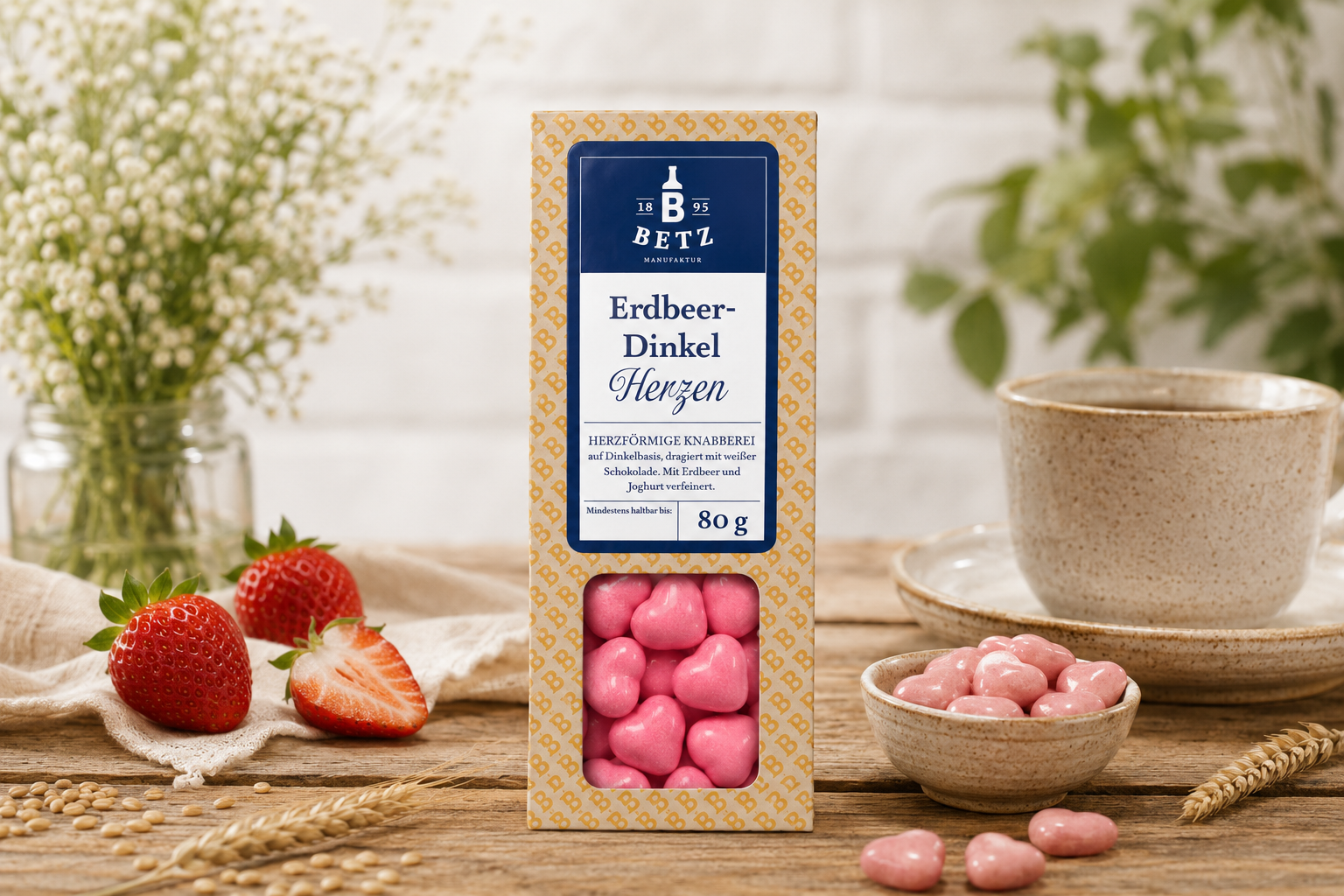Erdbeer-Dinkel-Herzen 80 g in Präsentkartonage