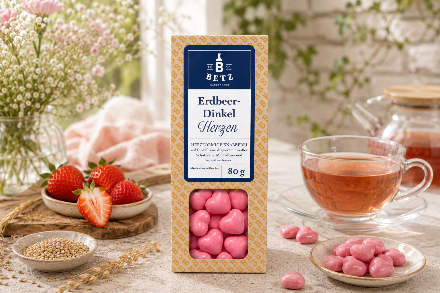 Erdbeer-Dinkel-Herzen 80 g in Präsentkartonage