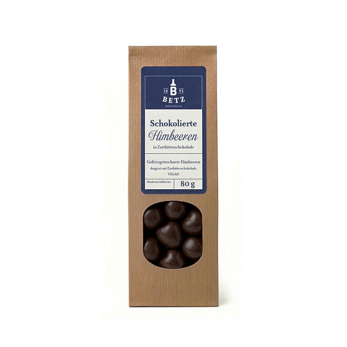 Schokolierte Himbeeren mit Zartbitterschokolade 80 g VEGAN in Papiertüte