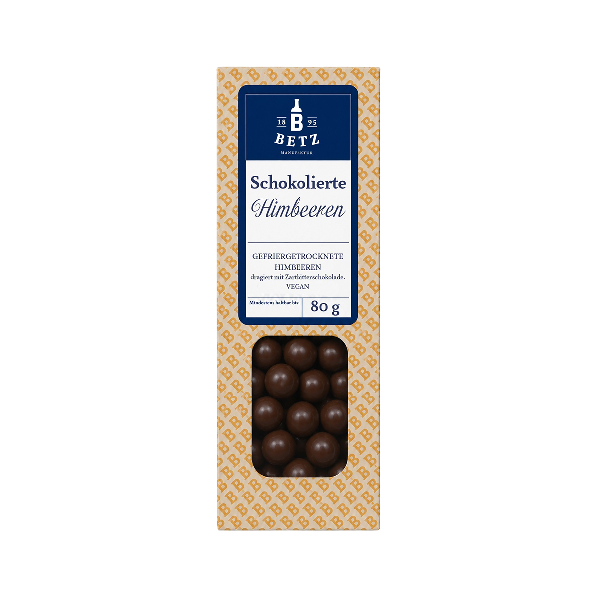 Schokolierte Himbeeren mit Zartbitterschokolade 80 g VEGAN in Präsentkartonage