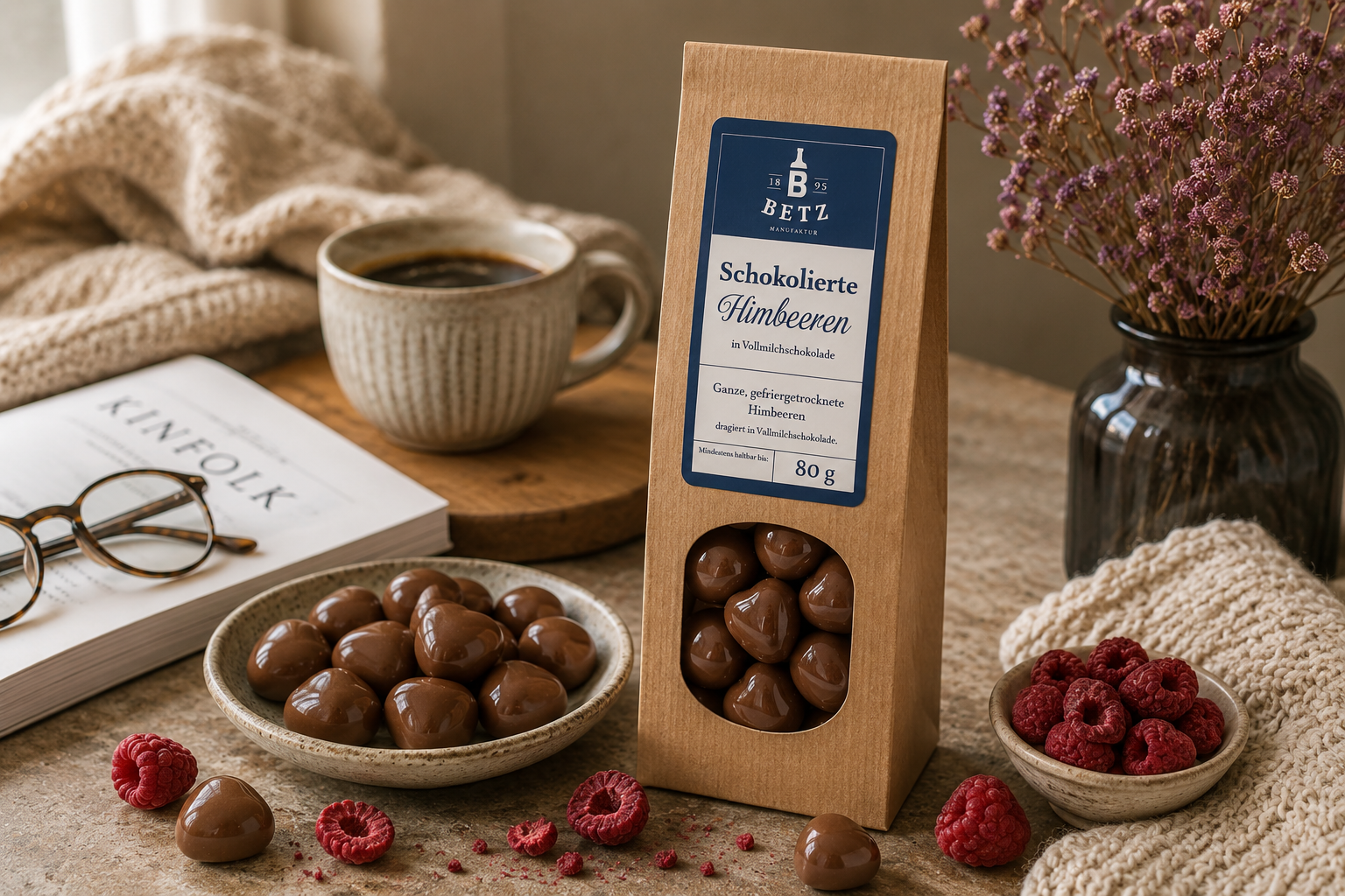 Schokolierte Himbeeren mit Vollmilchschokolade 80 g in Papiertüte