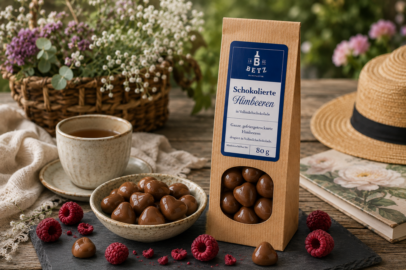 Schokolierte Himbeeren mit Vollmilchschokolade 80 g in Papiertüte