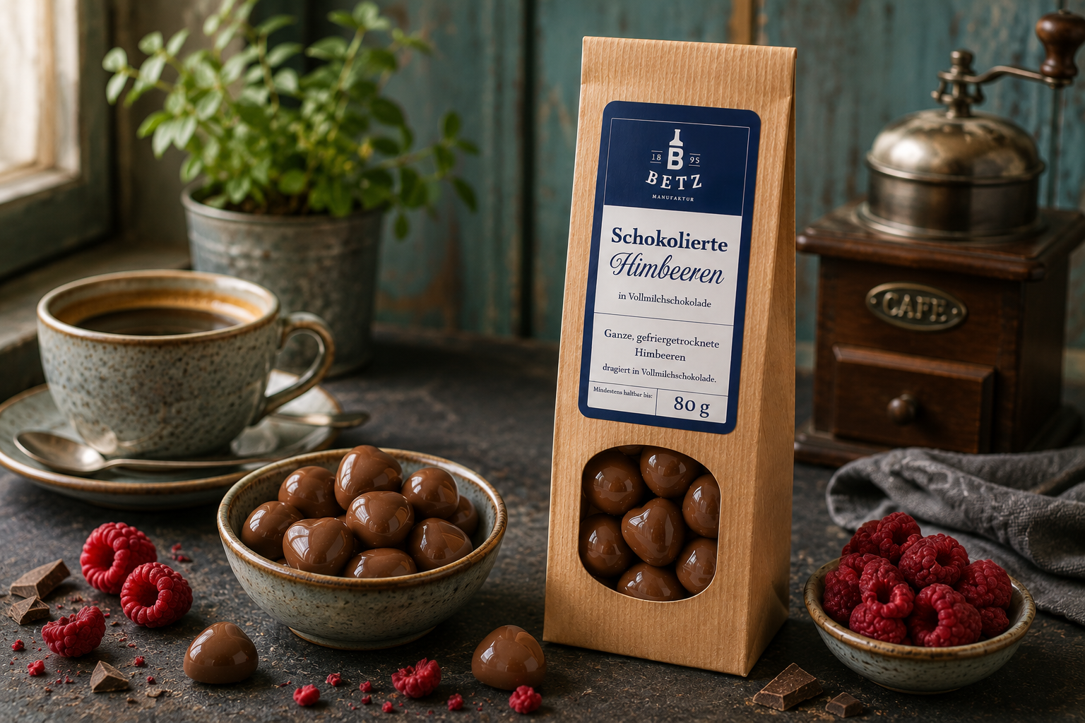 Schokolierte Himbeeren mit Vollmilchschokolade 80 g in Papiertüte