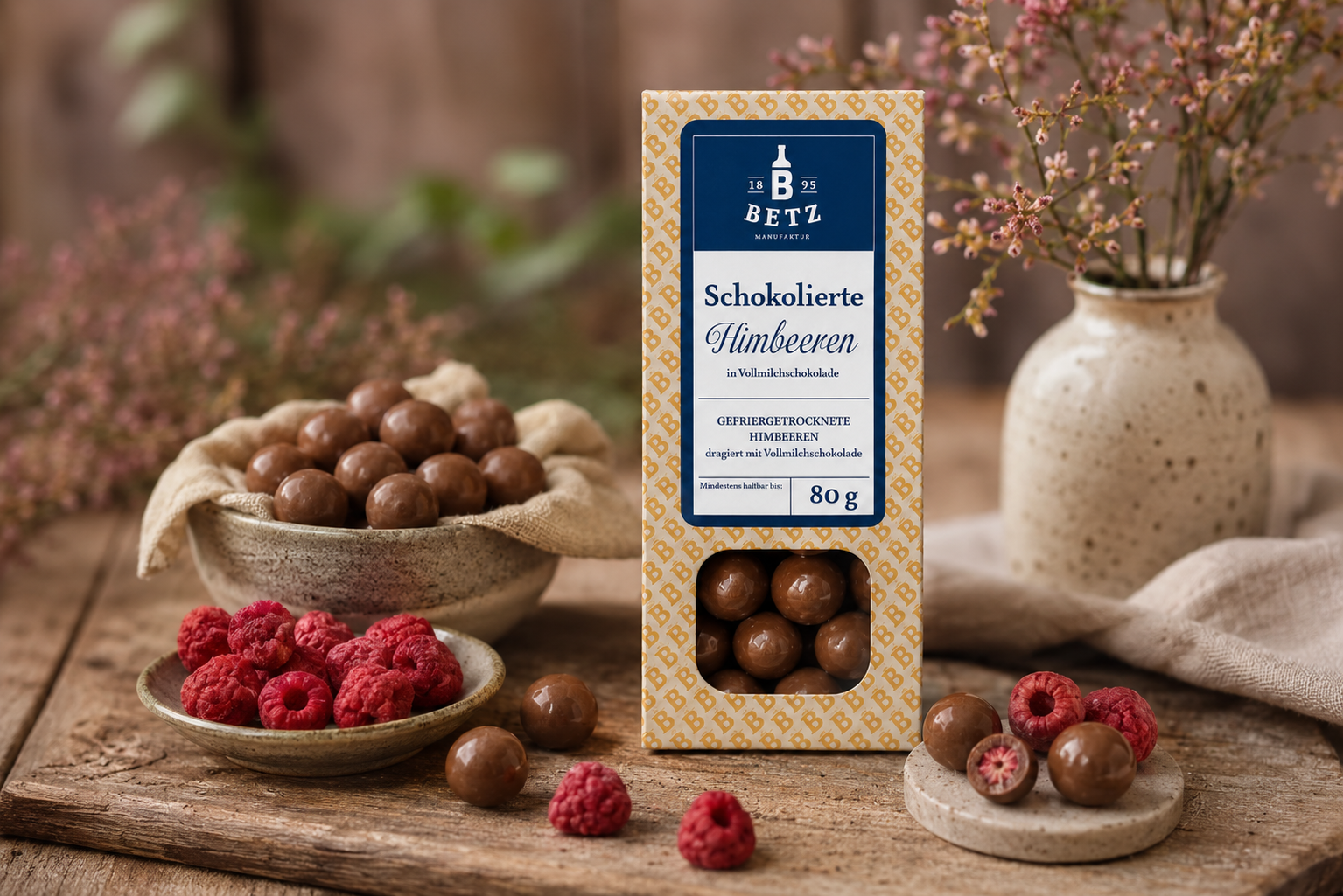 Schokolierte Himbeeren mit Vollmilchschokolade 80 g in Präsentkartonage
