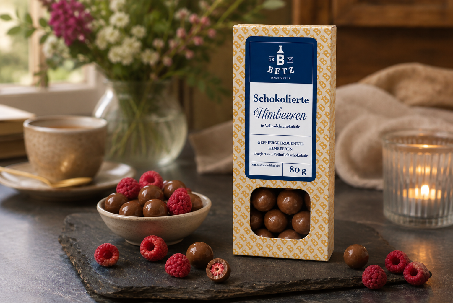 Schokolierte Himbeeren mit Vollmilchschokolade 80 g in Präsentkartonage