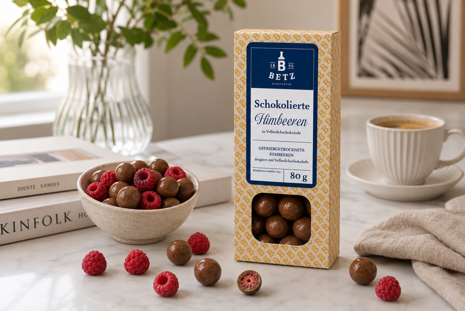 Schokolierte Himbeeren mit Vollmilchschokolade 80 g in Präsentkartonage