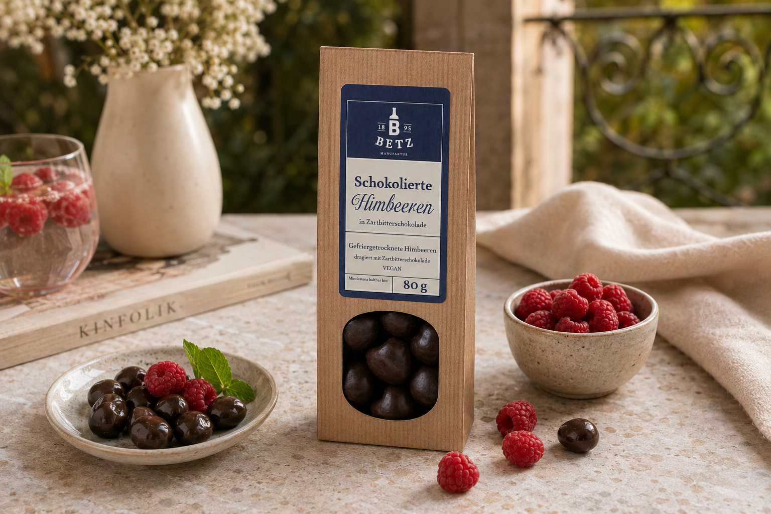 Schokolierte Himbeeren mit Zartbitterschokolade 80 g VEGAN in Papiertüte