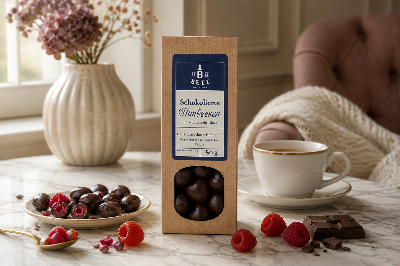 Schokolierte Himbeeren mit Zartbitterschokolade 80 g VEGAN in Papiertüte