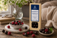 Schokolierte Himbeeren mit Zartbitterschokolade 80 g VEGAN in Präsentkartonage