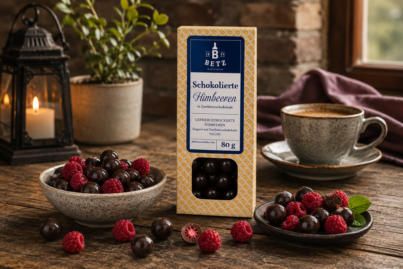 Schokolierte Himbeeren mit Zartbitterschokolade 80 g VEGAN in Präsentkartonage