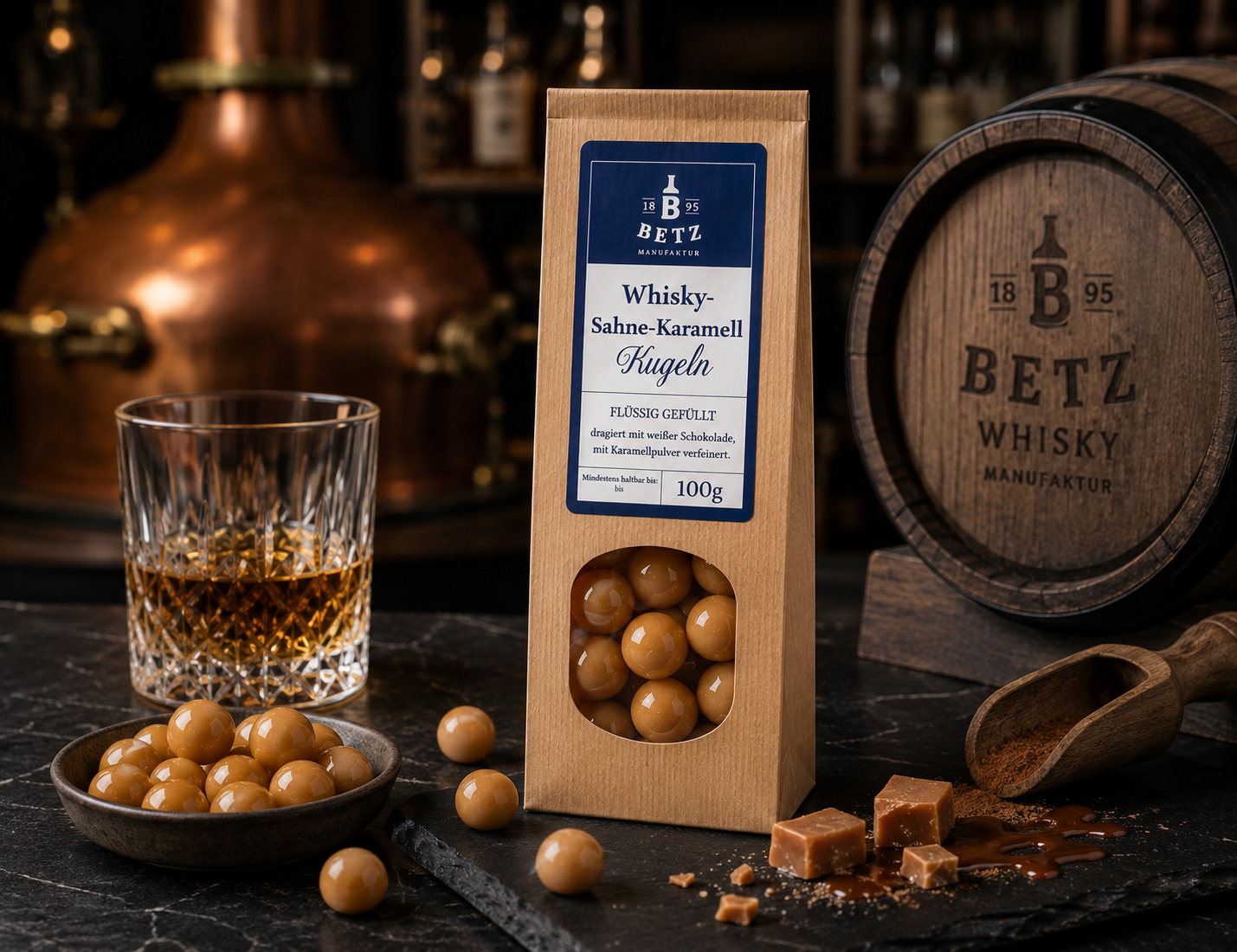 Whisky-Sahne-Karamell-Kugeln 100 g in Papiertüte